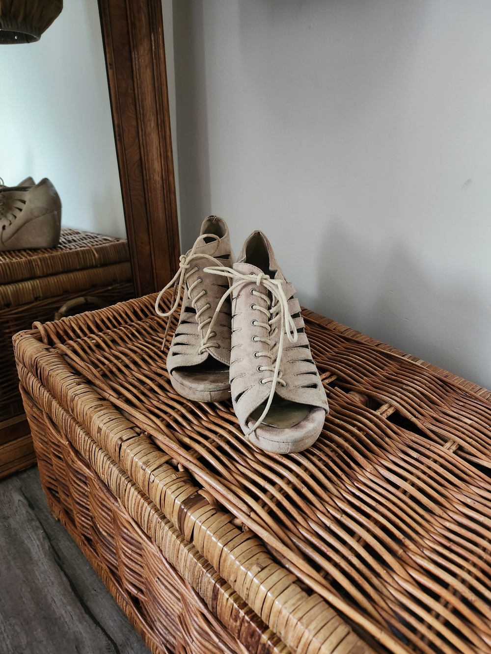 Lace-Up Peep Toe Wedge Sandals - Beige Suede